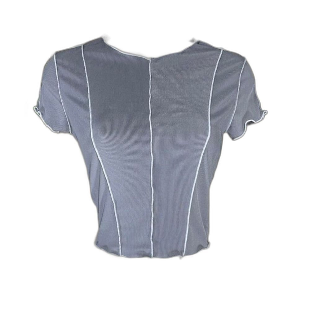 Exposed Seam Mock Neck crop Top W/S Grey Ribbed Lettuce Edge short sleeve NWOT